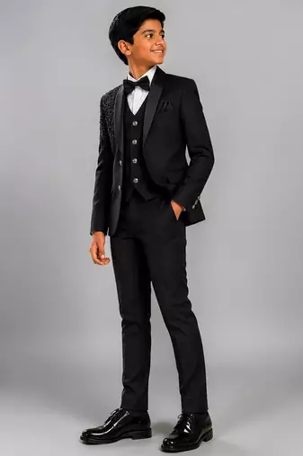 Boys black lycra floral beadwork embroidered 4 piece suit set with bowtie