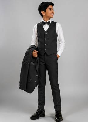 Boys black lycra floral beadwork embroidered 4 piece suit set with bowtie 5