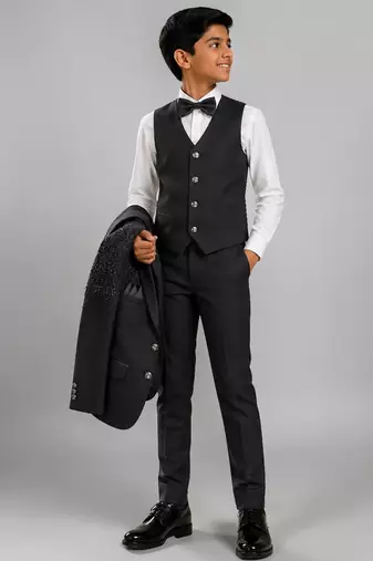 Boys black lycra floral beadwork embroidered 4 piece suit set with bowtie