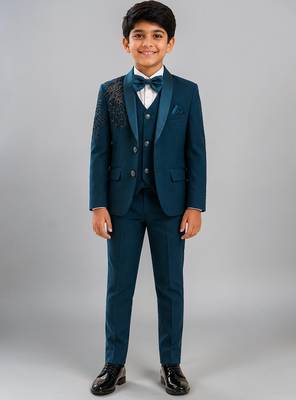 Boys teal blue lycra floral beadwork embroidered 4 piece suit set with bowtie 1