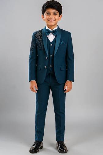 Boys teal blue lycra floral beadwork embroidered 4 piece suit set with bowtie