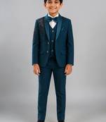 Boys teal blue lycra floral beadwork embroidered 4 piece suit set with bowtie