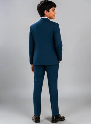 Boys teal blue lycra floral beadwork embroidered 4 piece suit set with bowtie 2