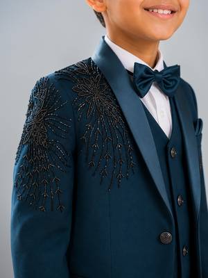 Boys teal blue lycra floral beadwork embroidered 4 piece suit set with bowtie 3