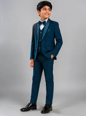 Boys teal blue lycra floral beadwork embroidered 4 piece suit set with bowtie 4