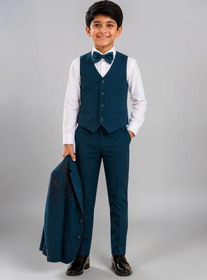 Boys teal blue lycra floral beadwork embroidered 4 piece suit set with bowtie 5