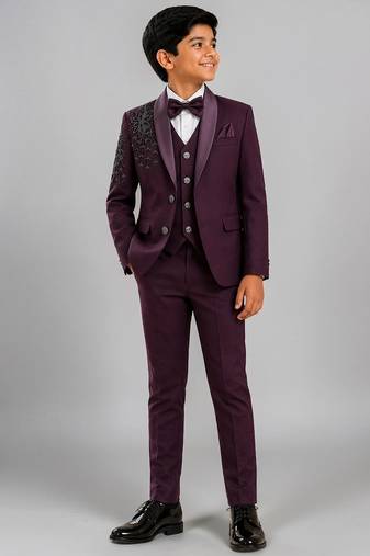 Boys wine lycra floral beadwork embroidered 4 piece suit set with bowtie