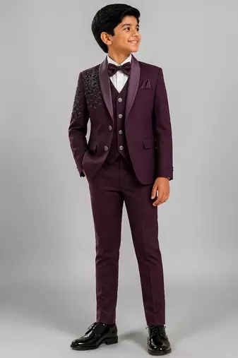 Boys wine lycra floral beadwork embroidered 4 piece suit set with bowtie
