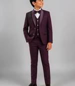 Boys wine lycra floral beadwork embroidered 4 piece suit set with bowtie