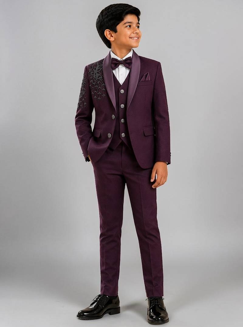 Boys wine lycra floral beadwork embroidered 4 piece suit set with bowtie