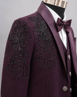 Boys wine lycra floral beadwork embroidered 4 piece suit set with bowtie 2