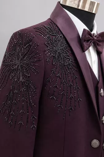 Boys wine lycra floral beadwork embroidered 4 piece suit set with bowtie