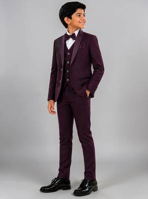 Boys wine lycra floral beadwork embroidered 4 piece suit set with bowtie 3