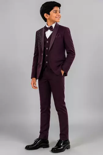 Boys wine lycra floral beadwork embroidered 4 piece suit set with bowtie