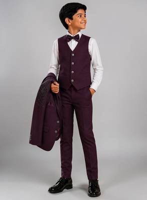 Boys wine lycra floral beadwork embroidered 4 piece suit set with bowtie 4