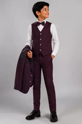 Boys wine lycra floral beadwork embroidered 4 piece suit set with bowtie