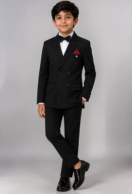 Boys black lycra solid double-breasted 3 piece suit set with bowtie 1