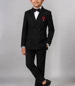 Boys black lycra solid double-breasted 3 piece suit set with bowtie