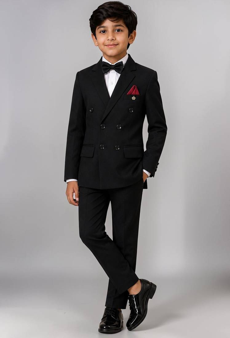 Boys black lycra solid double-breasted 3 piece suit set with bowtie