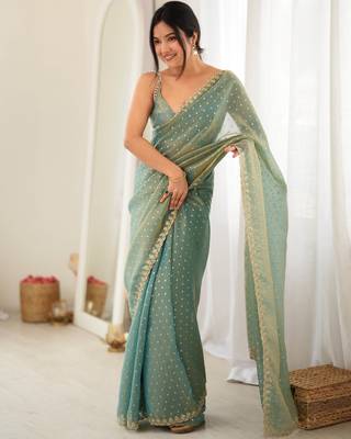 Rama chiffon zari embroidered saree with unstitched blouse piece. 4