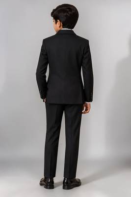 Boys black lycra solid double-breasted 3 piece suit set with bowtie 2