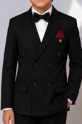 Boys black lycra solid double-breasted 3 piece suit set with bowtie 3