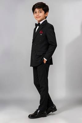 Boys black lycra solid double-breasted 3 piece suit set with bowtie 4