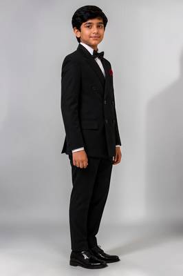 Boys black lycra solid double-breasted 3 piece suit set with bowtie 5