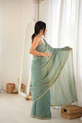Rama chiffon zari embroidered saree with unstitched blouse piece. 5