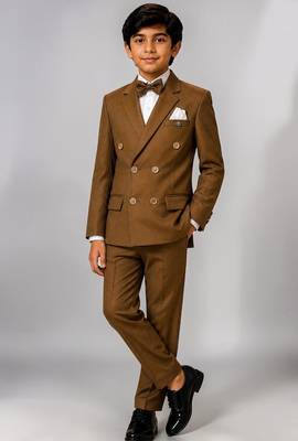 Boys brown lycra solid double-breasted 3 piece suit set with bowtie 1