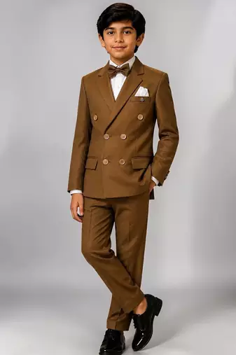 Boys brown lycra solid double-breasted 3 piece suit set with bowtie
