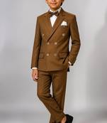 Boys brown lycra solid double-breasted 3 piece suit set with bowtie