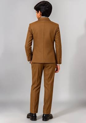 Boys brown lycra solid double-breasted 3 piece suit set with bowtie 2
