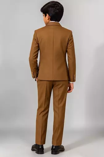 Boys brown lycra solid double-breasted 3 piece suit set with bowtie