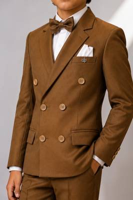 Boys brown lycra solid double-breasted 3 piece suit set with bowtie 3