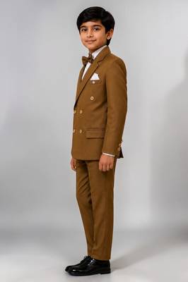 Boys brown lycra solid double-breasted 3 piece suit set with bowtie 4