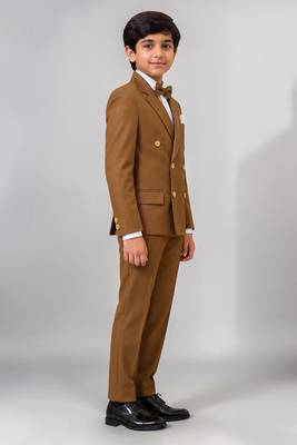 Boys brown lycra solid double-breasted 3 piece suit set with bowtie 5