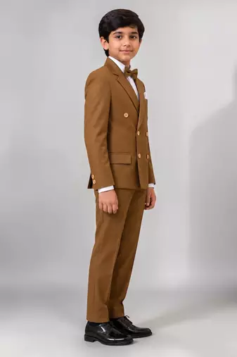 Boys brown lycra solid double-breasted 3 piece suit set with bowtie