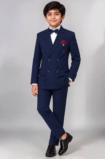 Boys navy blue lycra solid double-breasted 3 piece suit set with bowtie