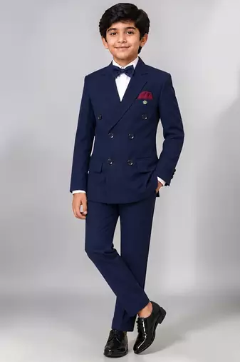 Boys navy blue lycra solid double-breasted 3 piece suit set with bowtie