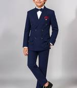 Boys navy blue lycra solid double-breasted 3 piece suit set with bowtie