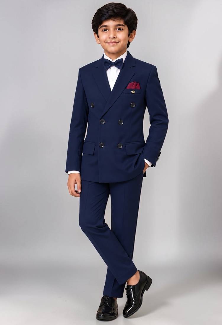 Boys navy blue lycra solid double-breasted 3 piece suit set with bowtie