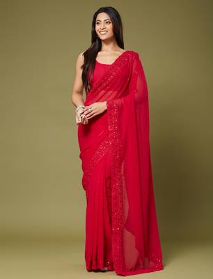 Red georgette sequins saree with unstitched blouse piece. 3