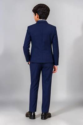 Boys navy blue lycra solid double-breasted 3 piece suit set with bowtie 2