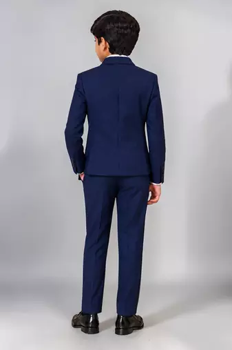 Boys navy blue lycra solid double-breasted 3 piece suit set with bowtie