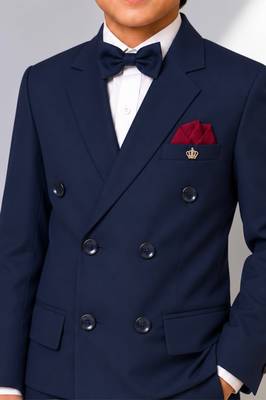 Boys navy blue lycra solid double-breasted 3 piece suit set with bowtie 3