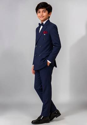 Boys navy blue lycra solid double-breasted 3 piece suit set with bowtie 4
