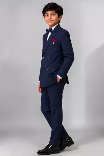 Boys navy blue lycra solid double-breasted 3 piece suit set with bowtie