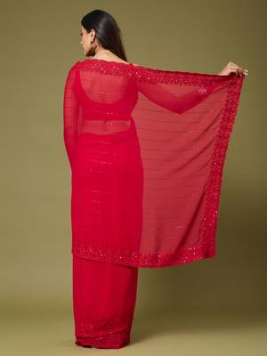 Red georgette sequins saree with unstitched blouse piece. 4