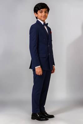 Boys navy blue lycra solid double-breasted 3 piece suit set with bowtie 5